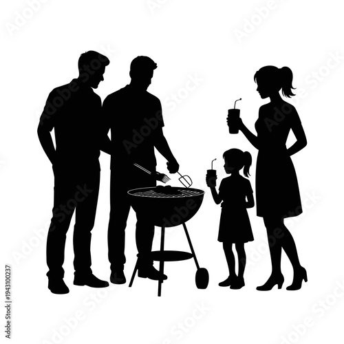 Family barbecue silhouette illustration with people and grill