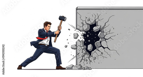 Man Breaking Wall with Sledgehammer.