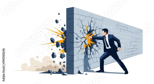 Man in Suit Breaking Concrete Wall.