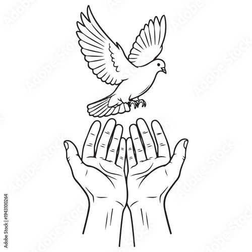 Minimalist black and white line art illustration of a white dove taking flight from open human hands, symbolizing peace, freedom, and spiritual hope in a clean and elegant graphic style.