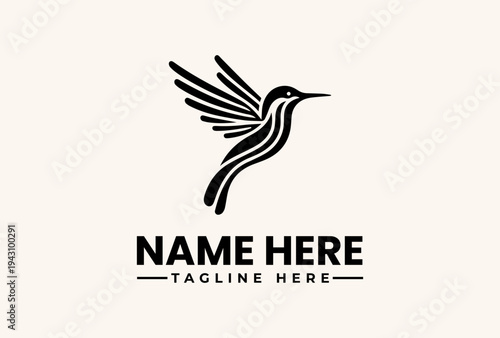 A minimalist illustration of a hummingbird in flight with a logo and placeholder text for a brand name and tagline on a clean white background.