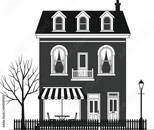 Stylized black and white illustration of two‑story house with steep roof, dormer windows, balcony, striped awning, patio furniture, picket fence, tree, and streetlamp.