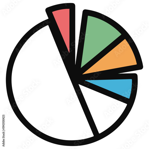 Hand-drawn colorful pie chart illustration representing statistical data distribution and financial proportions, isolated on white for business presentations in a playful doodle style.
