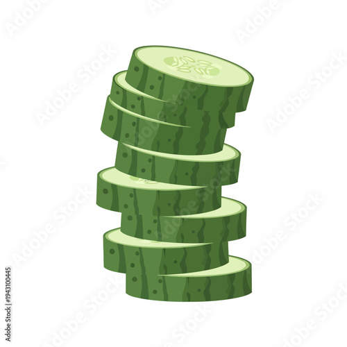 A stack of freshly cut green cucumber slices, neatly arranged and ready for a salad or snack on a white background.