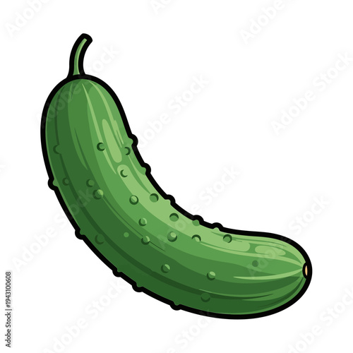 Vibrant green cartoon cucumber illustration with a textured surface and stem, depicted on a white background.