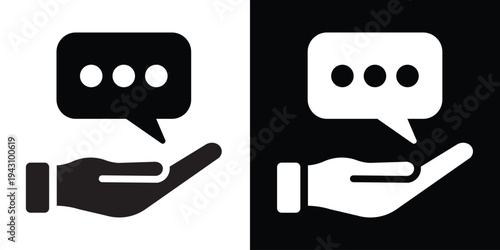 Human hand holding speech bubble icons. Minimalist vector illustration symbolizing customer service, chat support, communication assistance, and social media feedback.