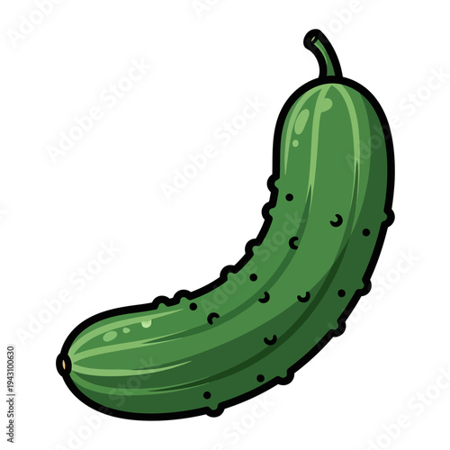 Vibrant green cartoon illustration of a fresh, bumpy cucumber with a small stem, depicted against a plain white background.