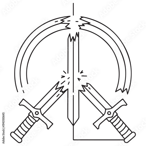 Broken swords forming a peace sign symbol in minimalist black and white line art, representing a powerful anti-war concept, disarmament, pacifism, and the end of global conflict.