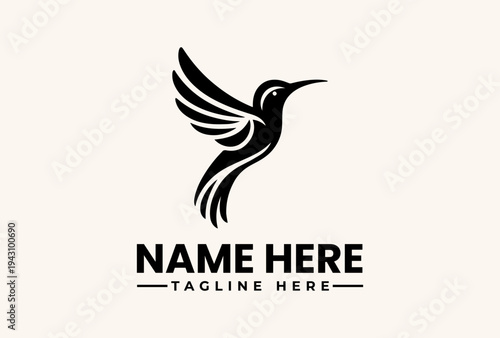 A minimalist logo design featuring a stylized hummingbird in flight with a bold text placeholder for a business name and tagline on a clean background, ideal for branding and advertising.
