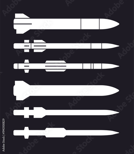 Missile silhouettes collection military weapons comparison white shapes on black background isolated design elements infographic template