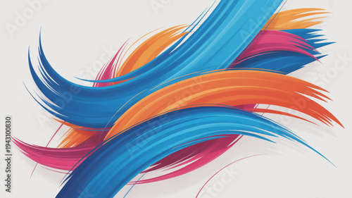 Vibrant abstract brush strokes in blue orange and pink hues on a light gray background creating a dynamic artistic expression