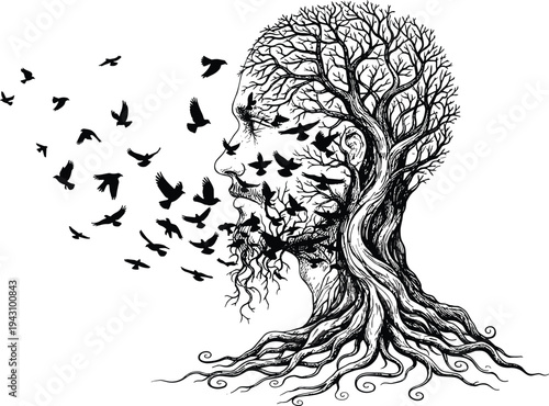Surreal artistic illustration of human head shaped tree with roots as beard, branches as hair, and birds flying symbolizing transformation, nature, freedom, imagination, creativity