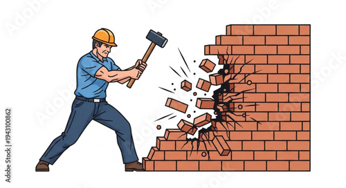 Man Demolishing Brick Wall with Sledgehammer.