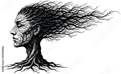Surreal black and white illustration blending human face with tree roots and branches, symbolizing deep connection between humanity and nature in artistic conceptual design