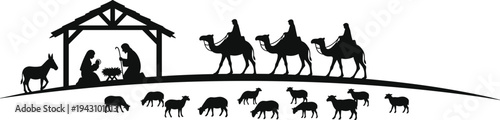 Traditional nativity scene silhouette illustration featuring stable, holy family, baby Jesus in manger, three wise men on camels, donkey, sheep, Christmas religious artwork