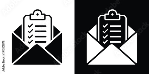 Open envelope with a clipboard checklist inside. Professional vector graphic for email surveys, newsletter feedback, digital reporting, and task notification alerts.