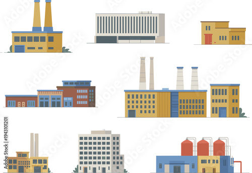 Flat industrial factory buildings collection, manufacturing plants warehouses and power stations vector icon set isolated for modern industry infrastructure design