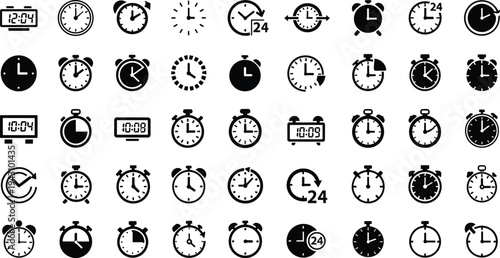 Clock and Timer Icon Set Featuring Alarm Clocks Stopwatches Digital Displays and Analog Watch Faces for Time Management Productivity and Scheduling