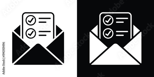 Open envelope with a clipboard checklist inside. Professional vector graphic for email surveys, newsletter feedback, digital reporting, and task notification alerts.