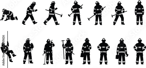 Firefighter Silhouette Vector Set Featuring Emergency Rescuers in Action Poses with Tools and Equipment for Fire Safety and First Responder Design