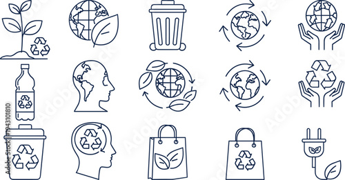Set of ecology line icons featuring recycling symbols, earth globe, green energy, waste management, and sustainable environment concepts on white background.