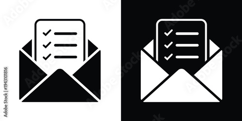 Open envelope with a clipboard checklist inside. Professional vector graphic for email surveys, newsletter feedback, digital reporting, and task notification alerts.