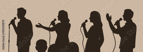People with microphones. Black figure silhouettes. Hand drawn modern Vector illustration. Singer, comedy performance, stand up, podcast, public speaking, conference concept. Isolated design elements 