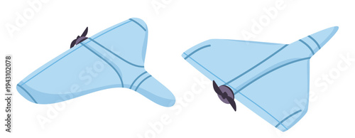 Military drones cartoon style unmanned aircraft propeller wings blue isolated on white modern technology defense equipment clipart