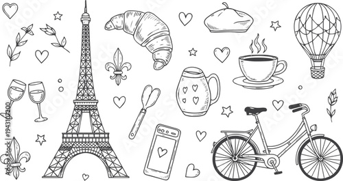 Hand drawn collection of paris symbols and french culture icons in a doodle style. Sketch set with eiffel tower, croissant, coffee, and bicycle for travel or romantic design