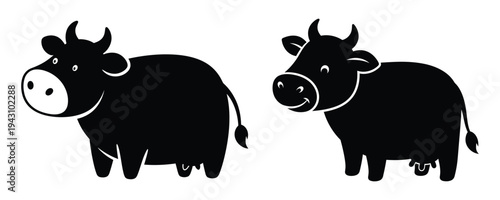 Two black cows standing side by side in profile view