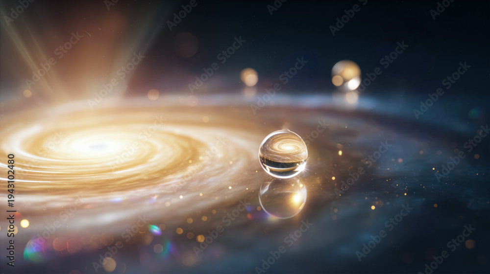 Fototapeta premium 黄金色に輝く銀河とその光を映し出す水晶玉。宇宙の神秘を象徴する幻想的で抽象的な3Dレンダリングアート