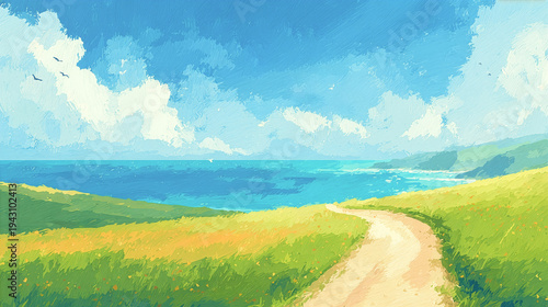 鮮やかな色彩と力強い筆致で描かれた、海へと続く一本の道。青い空と白い雲、緑豊かな草原が広がる、光あふれる初夏の海岸風景の油絵風イラスト