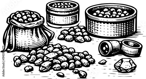 Black and white illustration showing containers filled with gemstones, including a sack, bowl, and sieve basket, alongside scattered stones, a magnifying lens, and a large faceted gem. The artwork hig