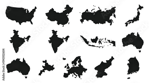 Major Countries Map Silhouette Icons USA China Russia Europe Vector Set