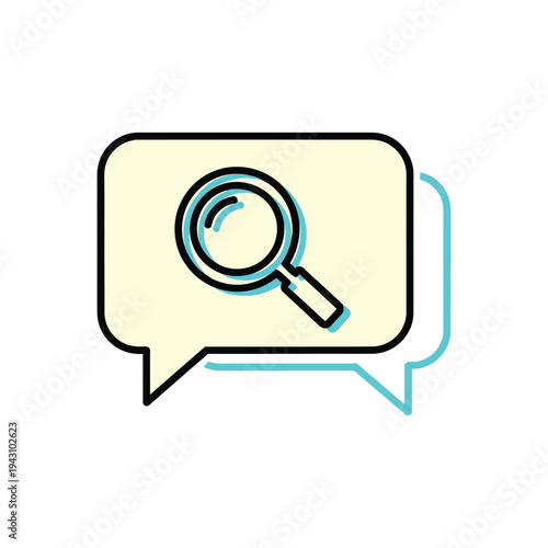 Magnifying glass inside speech bubble icon symbolizing search communication.