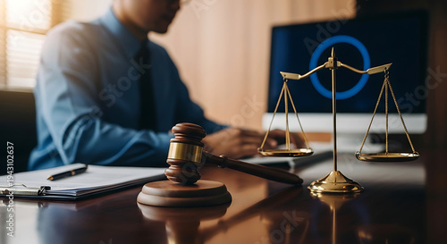 Wooden judicial gavel and balance scales of justice sit upon a professional office desk with a blurred male attorney wearing a blue shirt reviewing legal documents and white paper evidence.