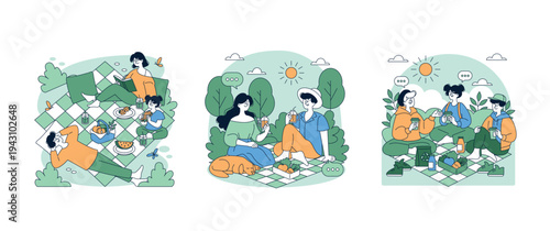 Three Friends Enjoying a Relaxing Picnic Vector Illustration