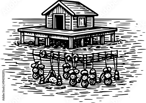 Vintage Pearl Oyster Farm House on Stilts with Hanging Baskets Engraving