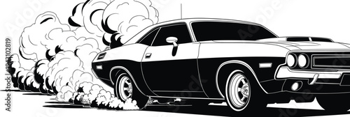 Classic muscle car burnout illustration, vintage American muscle vehicle drifting with smoke, retro automotive power concept isolated on white background