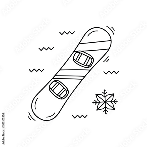 Snowboard with bindings in motion on snow.