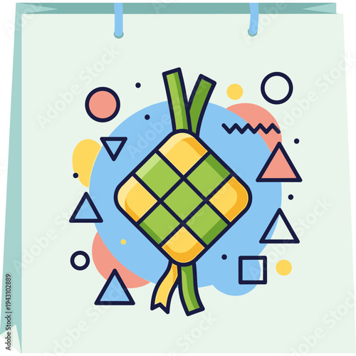 Ketupat Delight: A decorative ketupat adorned with abstract shapes and patterns graces a shopping bag, celebrating the festive essence of Eid al-Fitr.