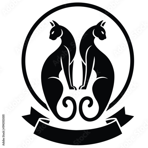 Elegant Twin Cat Silhouette Emblem With Ribbon Banner Vintage Heraldic Feline Logo Design.