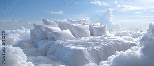 White bed with pillows and blankets in a bright minimalist bedroom interior lifestyle flat lay