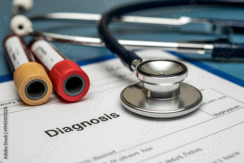 Diagnostic form, Vial of blood samples and Medicine in a hospital, conceptual image