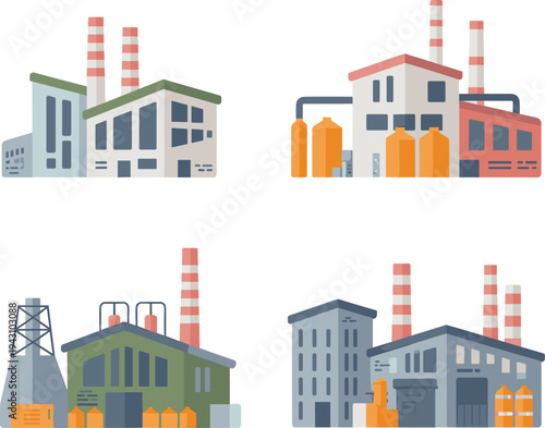 Industrial factory buildings and power plant facilities vector set with chimneys, tanks and pipelines isolated flat manufacturing illustration