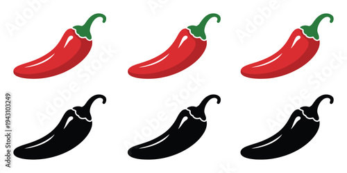 Chili pepper silhouette vector set in red and black, showing multiple hot pepper shapes, suitable for restaurant menus, spice level symbols, recipe branding, and food-related design projects.