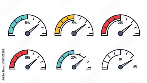 Collection of six circular gauge icons showing different percentage levels from zero to thirty with colorful sections and needles pointing.
