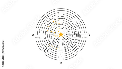Complex circular maze puzzle with paths marked from entry points A B and C leading towards a central golden star icon.