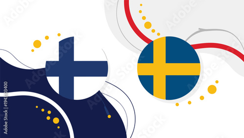 Graphic design featuring Finnish and Swedish national flags in circles against an abstract background of waves and dots.