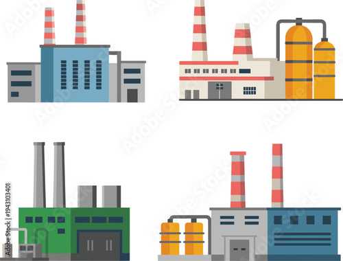 Industrial factory and power plant buildings vector set with chimneys, refinery tanks and manufacturing facilities isolated flat design illustration